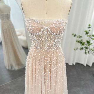 Elegant Dubai Evening Dresses in White Nude with Pearls and Gloves: Luxury Bridal and Wedding Party Gowns for Arabic Women