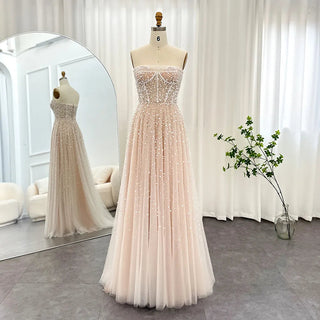 Elegant Dubai Evening Dresses in White Nude with Pearls and Gloves: Luxury Bridal and Wedding Party Gowns for Arabic Women