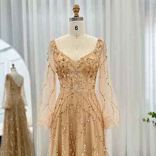 Elegant Gold: Luxury Dubai Muslim Evening Dress for Women - Perfect for Wedding Parties, Featuring Long Sleeves and Arabic Formal Prom Style