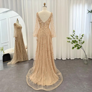 Elegant Gold: Luxury Dubai Muslim Evening Dress for Women - Perfect for Wedding Parties, Featuring Long Sleeves and Arabic Formal Prom Style