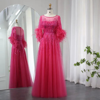 Elegant Half-Sleeve Luxury Dubai Evening Dresses in Black with Feathers: Perfect for Women's Fuchsia Arabic Wedding Party Dress