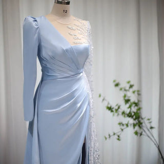 Elegant Light Blue Long Sleeve Arabic Evening Dress: Luxury Formal Satin Prom Dress for Women's Wedding Party.