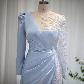 Elegant Light Blue Long Sleeve Arabic Evening Dress: Luxury Formal Satin Prom Dress for Women's Wedding Party.