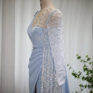 Elegant Light Blue Long Sleeve Arabic Evening Dress: Luxury Formal Satin Prom Dress for Women's Wedding Party.