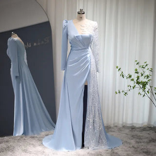 Elegant Light Blue Long Sleeve Arabic Evening Dress: Luxury Formal Satin Prom Dress for Women's Wedding Party.