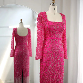 Elegant Long-Sleeved Luxury Dubai Evening Dresses in Hot Pink Tassel: Perfect for Women's Fuchsia Arabic Wedding Party Gowns