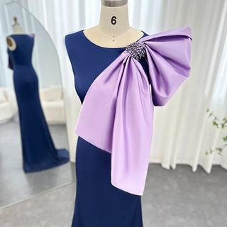 Elegant Mermaid Evening Dresses in Navy Blue Satin with Lilac Bow: Perfect for Arabic Women's Wedding, Party, and Formal Gowns