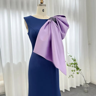 Elegant Mermaid Evening Dresses in Navy Blue Satin with Lilac Bow: Perfect for Arabic Women's Wedding, Party, and Formal Gowns