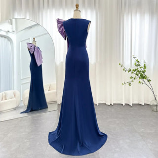 Elegant Mermaid Evening Dresses in Navy Blue Satin with Lilac Bow: Perfect for Arabic Women's Wedding, Party, and Formal Gowns