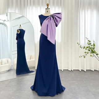 Elegant Mermaid Evening Dresses in Navy Blue Satin with Lilac Bow: Perfect for Arabic Women's Wedding, Party, and Formal Gowns