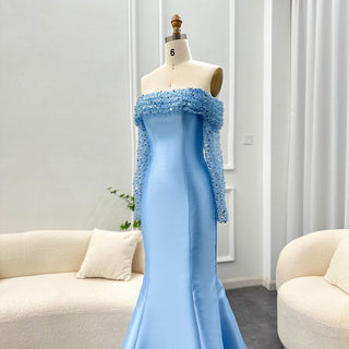 Elegant Off-Shoulder Blue Arabic Evening Dress: Perfect for Women's Wedding Parties with Long Sleeves, Dubai Formal Events, and Prom Gowns