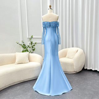 Elegant Off-Shoulder Blue Arabic Evening Dress: Perfect for Women's Wedding Parties with Long Sleeves, Dubai Formal Events, and Prom Gowns