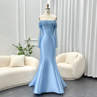 Elegant Off-Shoulder Blue Arabic Evening Dress: Perfect for Women's Wedding Parties with Long Sleeves, Dubai Formal Events, and Prom Gowns