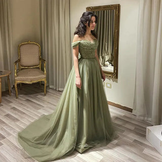 Elegant Off-Shoulder Sage Evening Dress: Luxury Beaded Arabic Long Formal Party Gown for Women's Wedding Guest