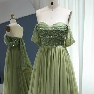 Elegant Off-Shoulder Sage Evening Dress: Luxury Beaded Arabic Long Formal Party Gown for Women's Wedding Guest