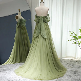 Elegant Off-Shoulder Sage Evening Dress: Luxury Beaded Arabic Long Formal Party Gown for Women's Wedding Guest