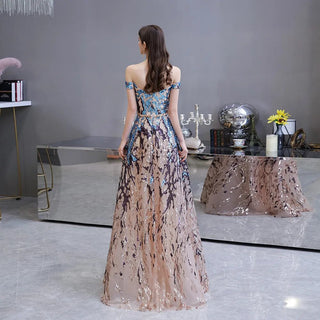 Elegant Off-Shoulder Sparkly Sequin Evening Dresses: Champagne Blue Formal Dress - Perfect for Plus Size Wedding Guest Gowns