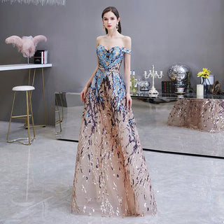 Elegant Off-Shoulder Sparkly Sequin Evening Dresses: Champagne Blue Formal Dress - Perfect for Plus Size Wedding Guest Gowns