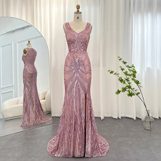 Elegant Pink Sequined Mermaid Evening Dress: Sexy V-Neck Long Gown for Women's Wedding, Graduation, and Prom Party