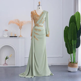 Elegant Sage Green Mermaid Arabic Evening Dress: Long Sleeve Luxury Dubai Formal Gown for Women's Wedding Party