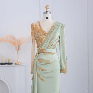 Elegant Sage Green Mermaid Arabic Evening Dress: Long Sleeve Luxury Dubai Formal Gown for Women's Wedding Party