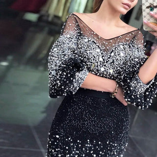 Elegant Short Midi Black Evening Dress: Luxury Dubai Crystal V-Neck Arabic Formal Prom Gown