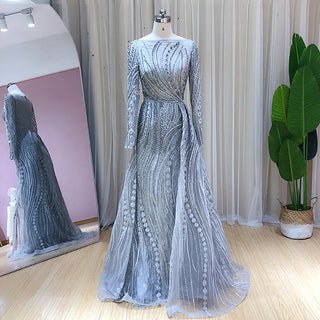 Ships in 1 to 3 Days - Muslim Grey Beaded Mermaid Evening Dress with Overskirt - Elegant Gown for Women Party Plus