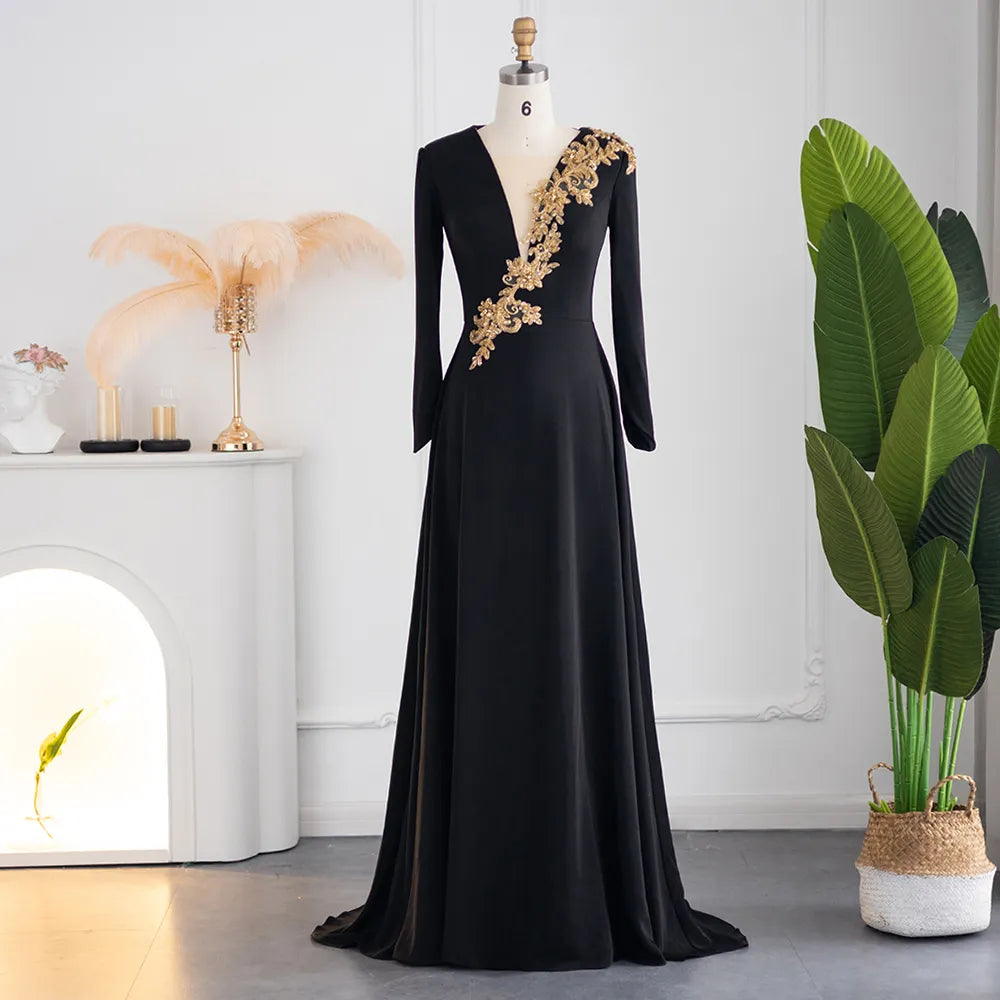 Elegant V Neck Black Muslim Evening Dress 2024 Luxury Dubai Gold Larosabride