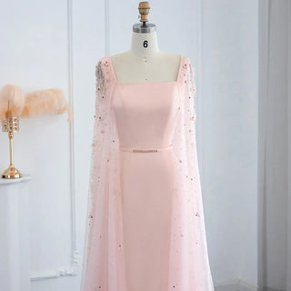 Elegant in Pink: Luxury 3D Flowers Dubai Evening Dress with Cape Sleeves - Perfect for Arabic Women's Formal Gowns at Wedding Parties