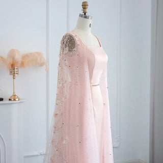 Elegant in Pink: Luxury 3D Flowers Dubai Evening Dress with Cape Sleeves - Perfect for Arabic Women's Formal Gowns at Wedding Parties