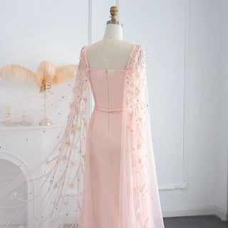 Elegant in Pink: Luxury 3D Flowers Dubai Evening Dress with Cape Sleeves - Perfect for Arabic Women's Formal Gowns at Wedding Parties