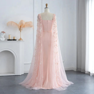 Elegant in Pink: Luxury 3D Flowers Dubai Evening Dress with Cape Sleeves - Perfect for Arabic Women's Formal Gowns at Wedding Parties