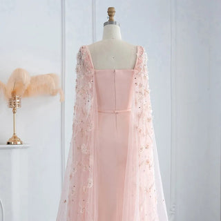 Elegant in Pink: Luxury 3D Flowers Dubai Evening Dress with Cape Sleeves - Perfect for Arabic Women's Formal Gowns at Wedding Parties