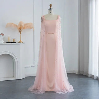 Elegant in Pink: Luxury 3D Flowers Dubai Evening Dress with Cape Sleeves - Perfect for Arabic Women's Formal Gowns at Wedding Parties