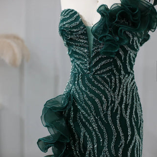 Emerald Elegance: Beaded One-Shoulder Mermaid Gown for Evening & Weddings