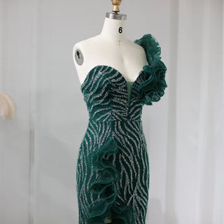 Emerald Elegance: Beaded One-Shoulder Mermaid Gown for Evening & Weddings