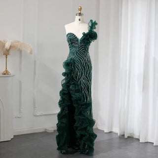 Emerald Elegance: Beaded One-Shoulder Mermaid Gown for Evening & Weddings