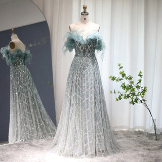 Emerald Enchantment: 2024 Dubai Feathered Gown with Elegant Off Shoulder Design for Wedding Celebrations.