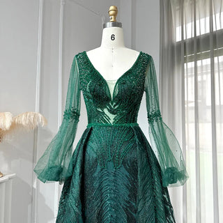 Emerald Enigma: Crystal-Adorned V-Neck Gown with Long Sleeves for Plus Size Wedding Elegance.