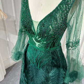 Emerald Enigma: Crystal-Adorned V-Neck Gown with Long Sleeves for Plus Size Wedding Elegance.