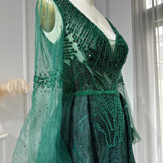 Emerald Enigma: Crystal-Adorned V-Neck Gown with Long Sleeves for Plus Size Wedding Elegance.