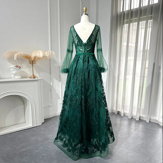 Emerald Enigma: Crystal-Adorned V-Neck Gown with Long Sleeves for Plus Size Wedding Elegance.