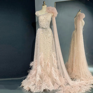 Exquisite Dubai Evening Gown with Cape in Blush Pink Feathers: Elegance for Long Wedding and Formal Celebrations, Perfect for Arabic Women