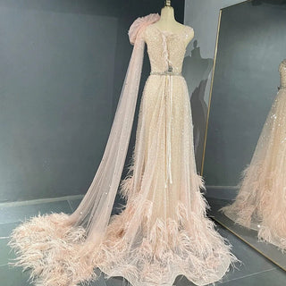 Exquisite Dubai Evening Gown with Cape in Blush Pink Feathers: Elegance for Long Wedding and Formal Celebrations, Perfect for Arabic Women