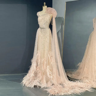 Exquisite Dubai Evening Gown with Cape in Blush Pink Feathers: Elegance for Long Wedding and Formal Celebrations, Perfect for Arabic Women