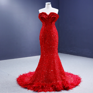 Feathered Elegance: Red Sweetheart Mermaid Prom Evening Dresses