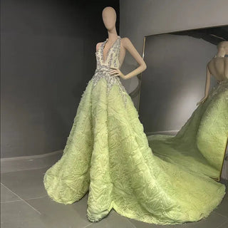 Floral Fantasy: Dubai-Inspired Evening Gown with 3D Crystal Florals and Elegant Halter Design - A Showstopper for Weddings, Proms, and Graduation Celebrations.