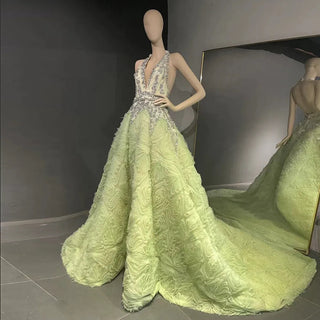 Floral Fantasy: Dubai-Inspired Evening Gown with 3D Crystal Florals and Elegant Halter Design - A Showstopper for Weddings, Proms, and Graduation Celebrations.