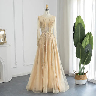 Golden Blossom Elegance: Dubai-Inspired Evening Gown Adorned with 3D Flowers and Beading - The Ultimate Arabic Statement for Proms and Wedding Celebrations.