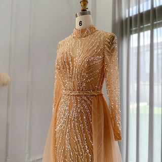 Golden Elegance: Mermaid Arabic Evening Gown with Luxurious Overskirt and Long Sleeves - A Regal Choice for Muslim Wedding Celebrations and Formal Affairs.